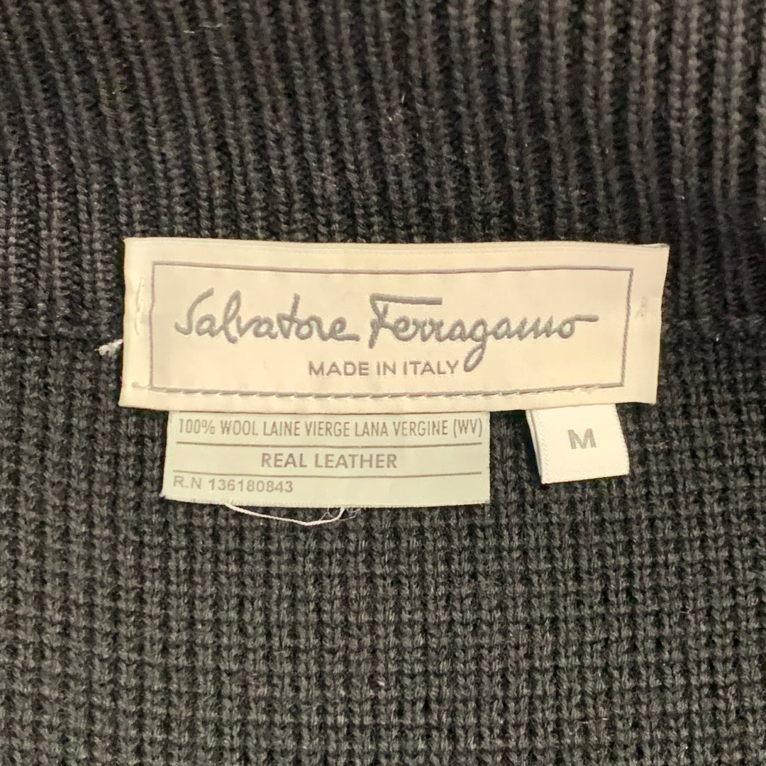 SALVATORE FERRAGAMO Size M Black Leather Virgin Wool Ribbed Zip Up Jacket