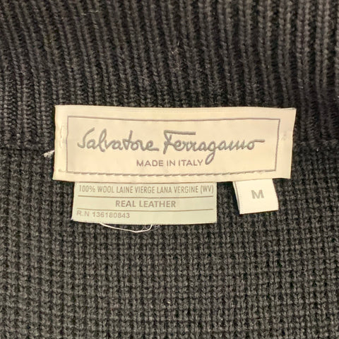 SALVATORE FERRAGAMO Size M Black Leather Virgin Wool Ribbed Zip Up Jacket