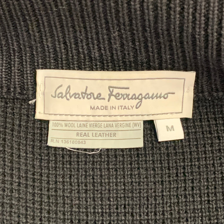 SALVATORE FERRAGAMO Size M Black Leather Virgin Wool Ribbed Zip Up Jacket