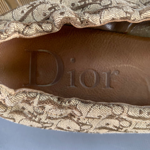 CHRISTIAN DIOR Size 9.5 Tan Brown Canvas Oblique Monogram Slip On Bow Flats