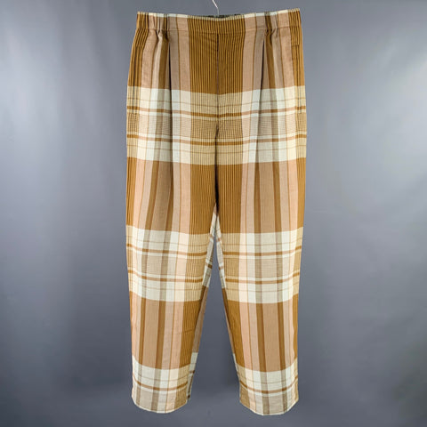 LEMAIRE Size 32 Brown Tan Plaid Cotton Linen Single Pleat Casual Pants