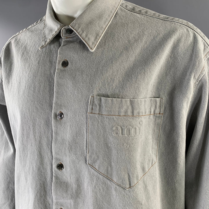 AMI by ALEXANDRE MATTIUSSI Size M Grey Contrast Stitch Cropped Cotton Overshirt