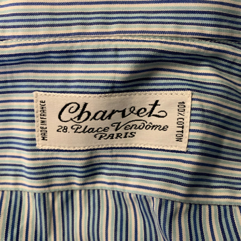 CHARVET Size M Blue White Navy Stripe Cotton Point Collar Long Sleeve Shirt