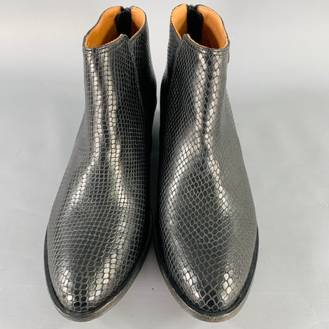 ANTHOLOGY PARIS Size 9 Black Leather Snake Embossed Back Zip Ankle Boots