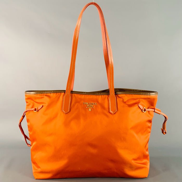 PRADA Orange Gold Saffiano Nylon Leather Trim Tote Handbag