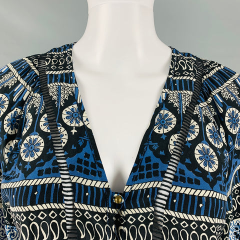VERONICA BEARD Size 0 Blue Black & White Silk Print Metal Buttons Blouse