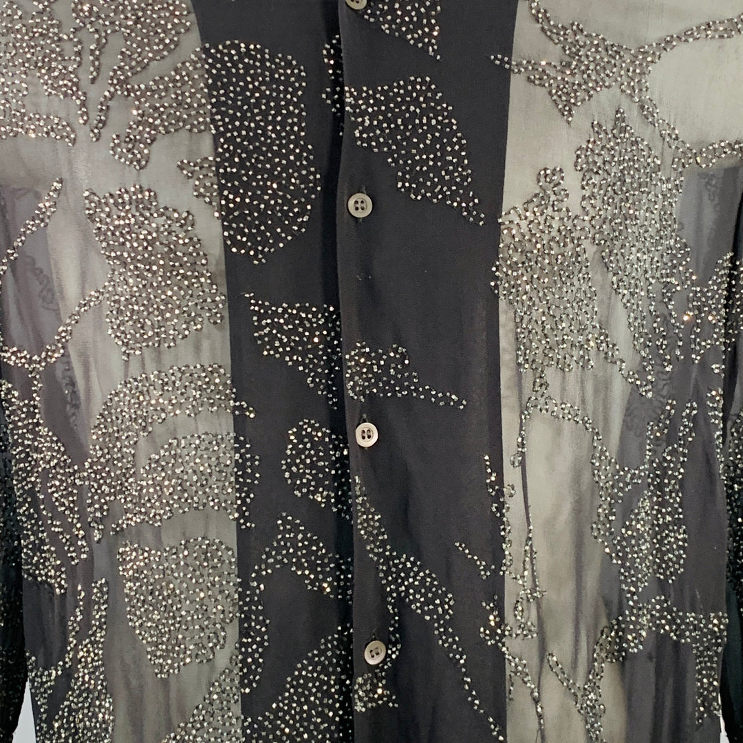 DRIES VAN NOTEN Size S Black Sheer Beaded Hibiscus Floral Viscose Long Sleeve Shirt
