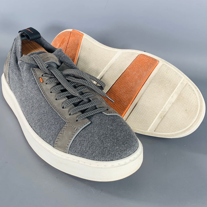 SANTONI Size 11 Grey Canvas Knit Lace-Up Sneakers