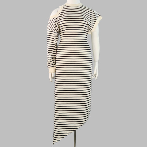 A.W.A.K.E.MODE Size XL Beige Navy Cotton Stripe Asymmetrical Dress