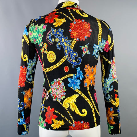 VERSACE SS19 Size S Black Multi Color Floral Silk Pointed Collar Long Sleeve Shirt
