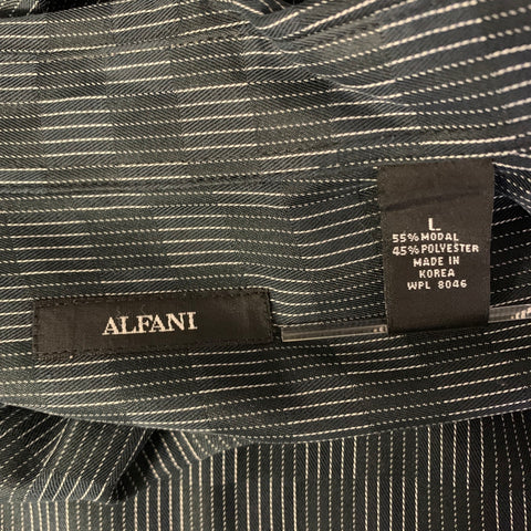 ALFANI Size L Black Grey Checkered Stripe Modal Blend Pointed Collar Long Sleeve Shirt