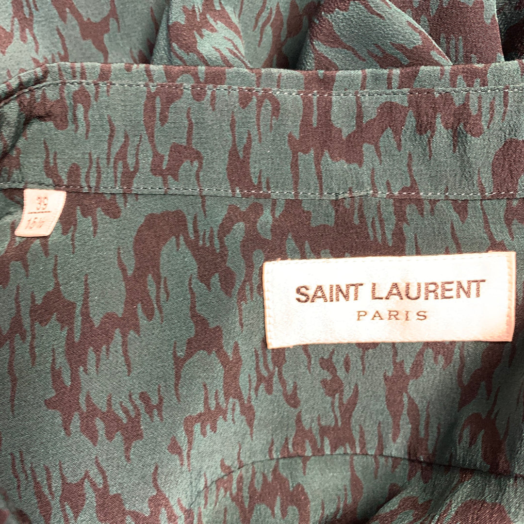 SAINT LAURENT Size S Green Black Abstract Zig Zag Silk Spread Collar Short Sleeve Shirt