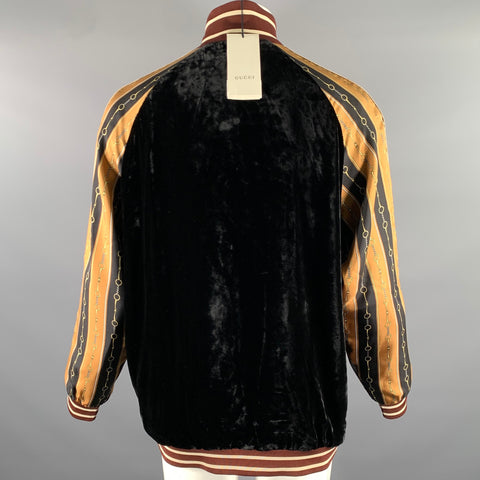 GUCCI Size XL Black Gold Burgundy Chain Print Viscose Silk Track Jacket