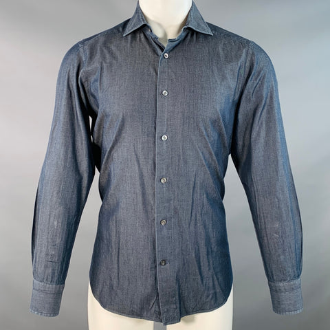 BAGUTTA Size S Grey Cotton Spread Collar Slim Fit Long Sleeve Shirt