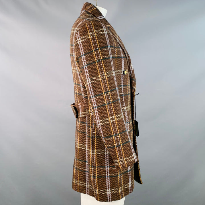 TAKESHY KUROSAWA Size 44 Brown Multi Color Plaid Double Breasted Peak Lapel Coat