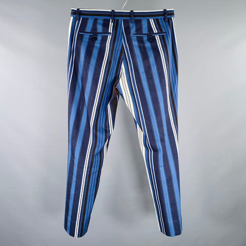 ETRO Size 32 Blue Black White Stripe Cotton Blend Flat Front Casual Pants