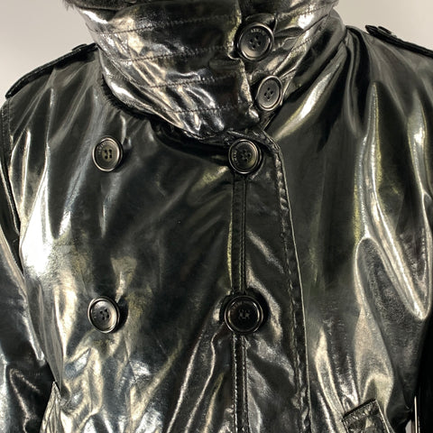 ARMANI COLLEZIONI Size 6 Black Polyurethane Ruffled Double Breasted Coat