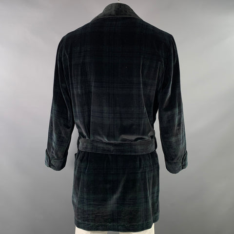 BROOKS BROTHERS Size XL Black Dark Green Blackwatch Plaid Velvet Smoking Jacket