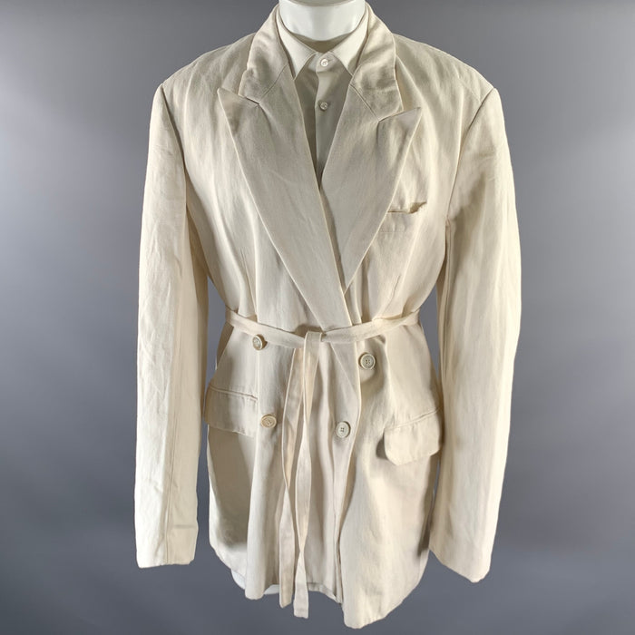 DRIES VAN NOTEN Size M Ivory Twill Linen Cotton Belted Double Breasted Blazer