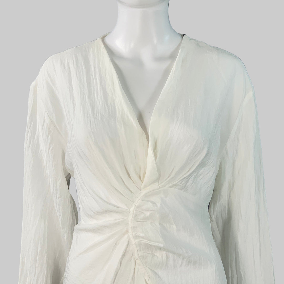 SANDRO Size S White Acetate Blend Wrinkled Ruched Long Sleeve V-Neck Dress