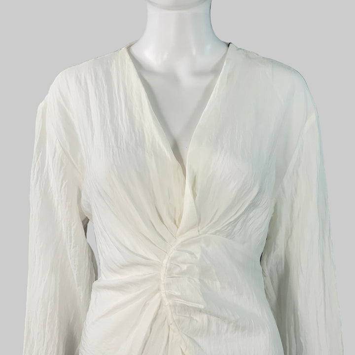 SANDRO Size S White Acetate Blend Wrinkled Ruched Long Sleeve V-Neck Dress
