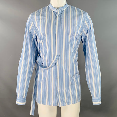 JIL SANDER Size M Giusy Blue White Stripe Cotton Collarless Long Sleeve Shirt