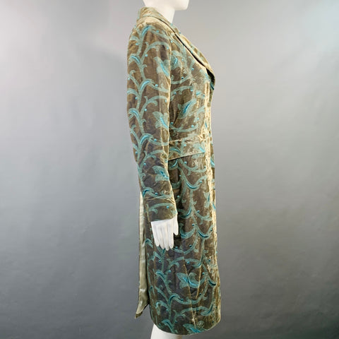 FAVOURBROOK Size 8 Blue Olive Velvet Jacquard Peak Lapel Coat