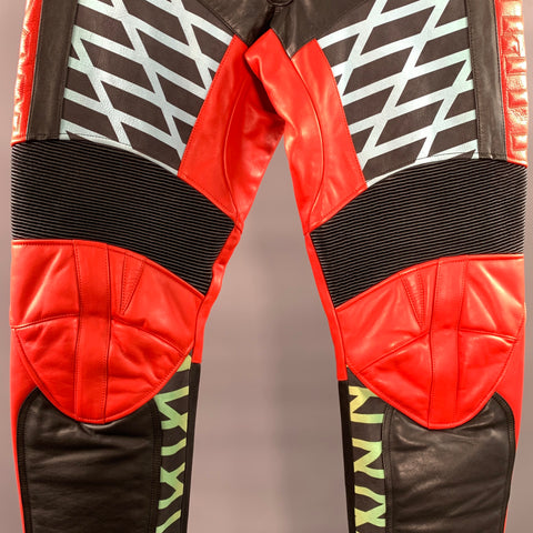 LU'U-DAN Size 32 Red Multi-Color Patchwork Leather Biker Casual Pants
