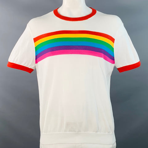 MR TURK Size XL White Multi Color Rainbow Cotton Knit Ringer T-shirt