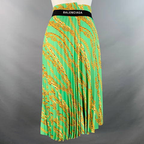 BALENCIAGA Size 6 Green Gold Polyester Chain Pleated Midi Skirt