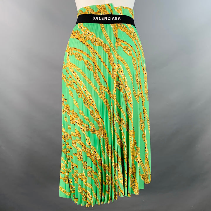 BALENCIAGA Size 6 Green Gold Polyester Chain Pleated Midi Skirt