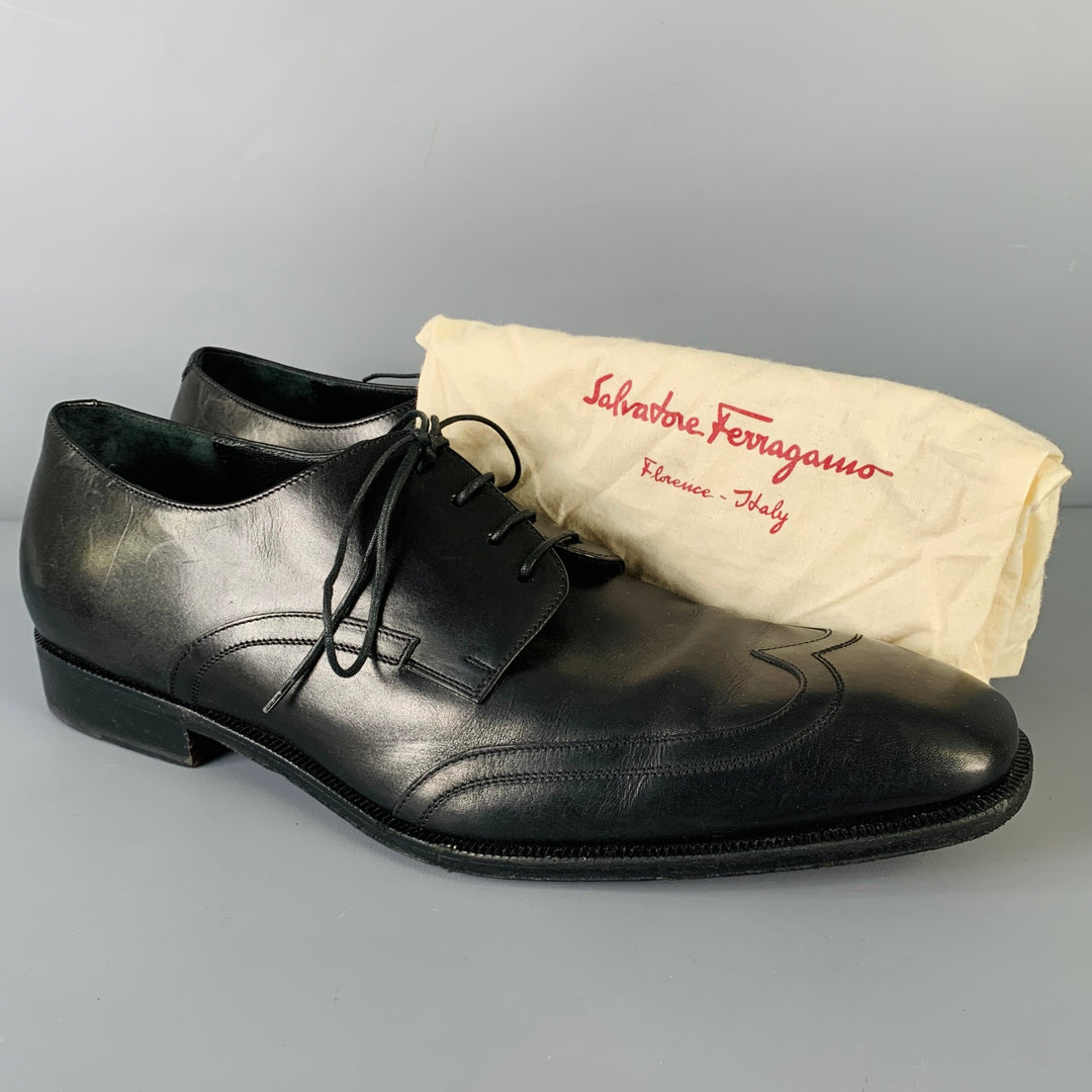 SALVATORE FERRAGAMO Size 10 Black Wingtip Leather Square Toe Lace-Up Shoes