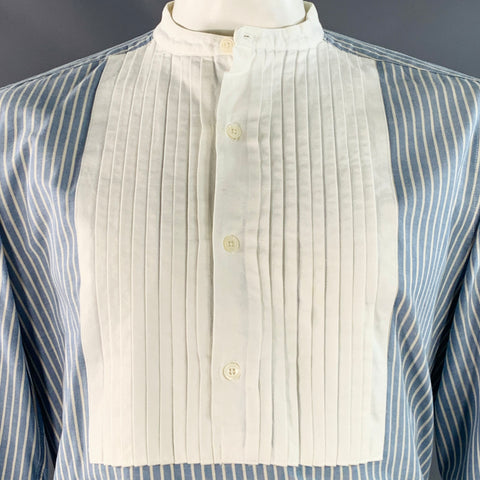 NEEDLES Size L Blue White Stripe Cotton Pleated Bib Collarless Long Sleeve Shirt