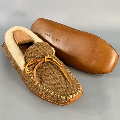 RALPH LAUREN Size 10.5 Yarmond Brown Cream Herringbone Wool Moccasin Loafers
