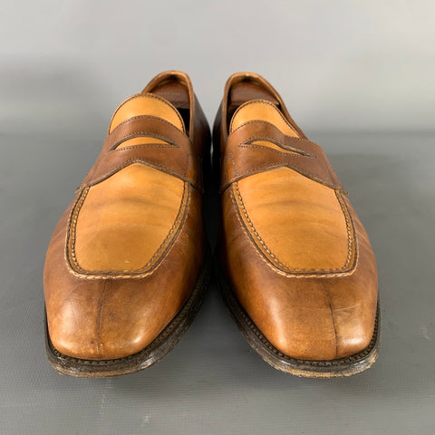 JOHN LOBB Size 9.5 Tan Brown Color Block Leather Penny Loafers