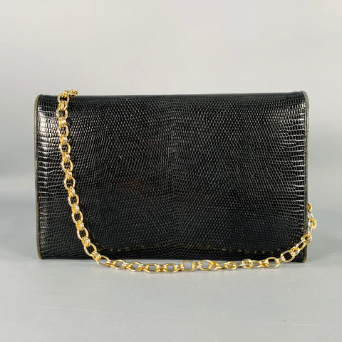CHANEL Rare Vintage Late-1980s Black Gold Lizard Leather Cross Body Clutch Handbag