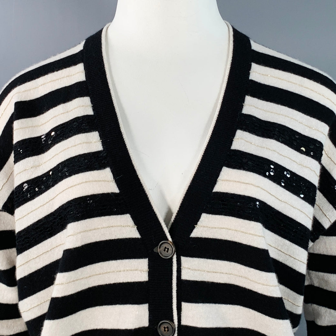 BRUNELLO CUCINELLI Size L Black White Cashmere Stripe Monili Beaded Sequined Cardigan