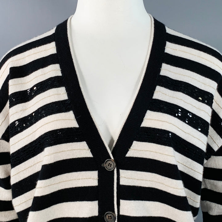 BRUNELLO CUCINELLI Size L Black White Cashmere Stripe Monili Beaded Sequined Cardigan