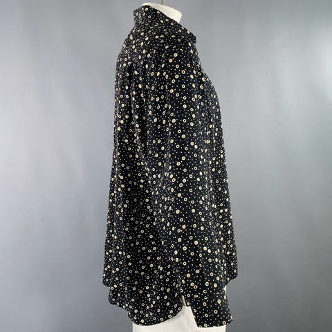 BRIONI Taille XL Chemise à Manches Longues Boutonnée en Soie Noire à Pois Beiges