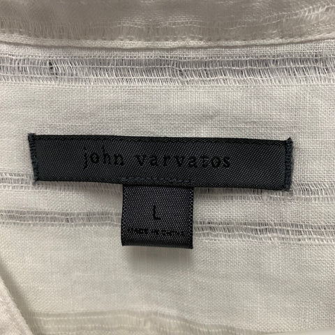 JOHN VARVATOS Size L White Textured Linen Nehru Collar Long Sleeve Shirt