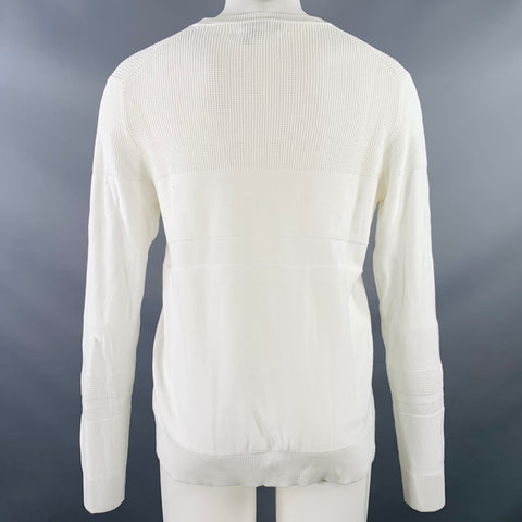 VINCE Size S White Waffle Knit Cotton Stripe Crew Neck Pullover