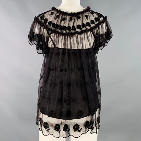 ULLA JOHNSON Size 0 Brown Black Nylon Mesh Lace Ruffle Dress Top