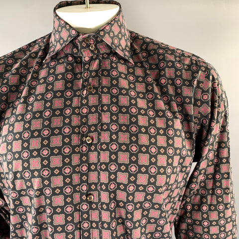 ETRO Size XL Black Brown Geometric Pointed Collar Long Sleeve Shirt
