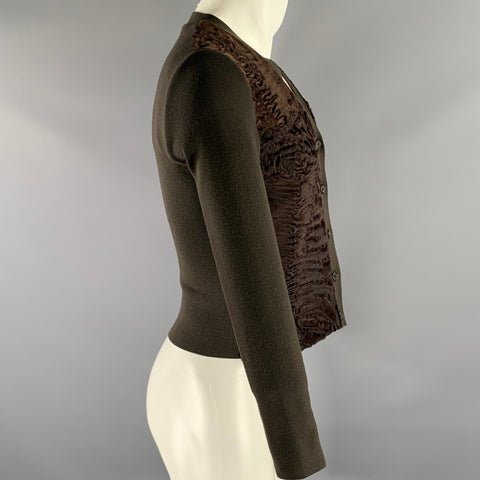 PRADA Size S Brown Lamb Fur Ribbed Wool Cardigan