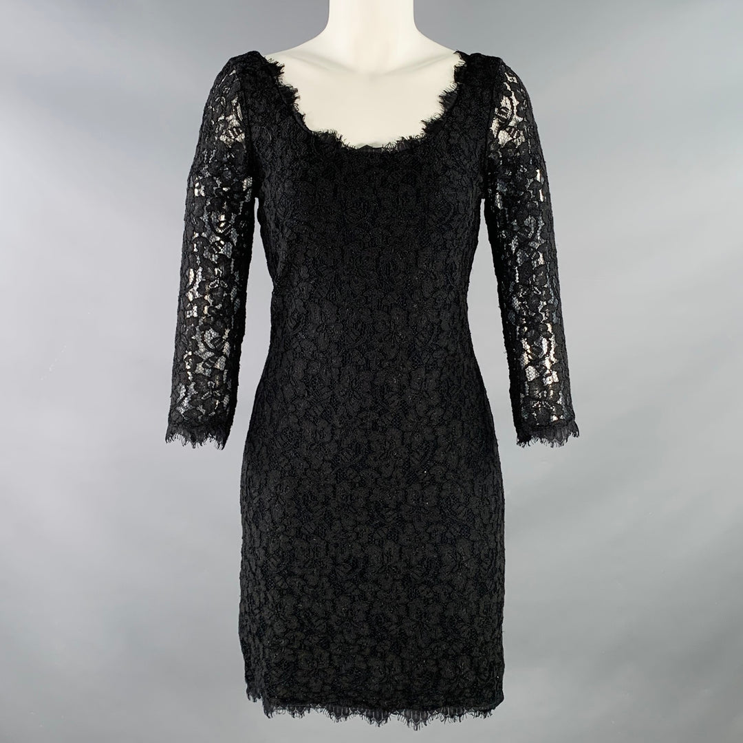 DIANE VON FURSTENBERG Size 4 Zarita Black Rayon Blend Lace Scoop Neck 3/4 Sleeves Dress Sui Generis Designer Consignment DIANE VON FURSTENBERG Size 4 Zarita Black Rayon Blend Lace Scoop Neck 3/4 Sleeves Dress Sui Generis Designer Consignment