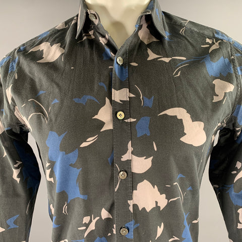 LANVIN Size S Black Grey Blue Abstract Floral Cotton Long Sleeve Shirt