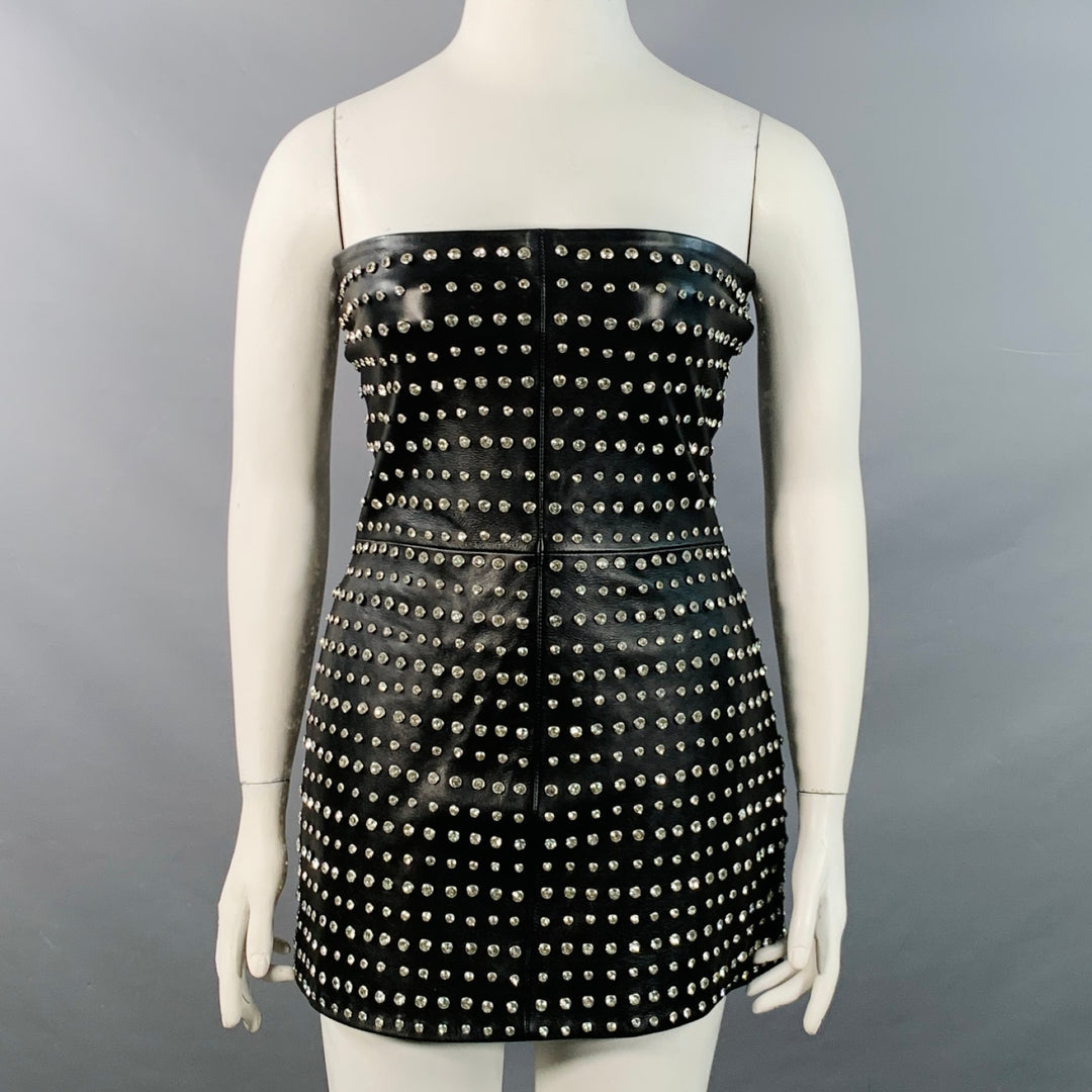 RETROFETE Size L Black Silver Leather Strapless Crystal Studded Mini D Sui Generis Designer Consignment RETROFETE Size L Black Silver Leather Strapless Crystal Studded Mini D Sui Generis Designer Consignment