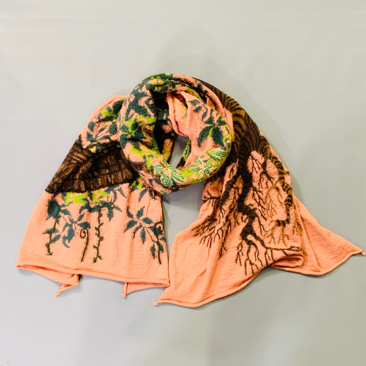 KAPITAL Orange Green Brown Leafy Tree Wool Scarf