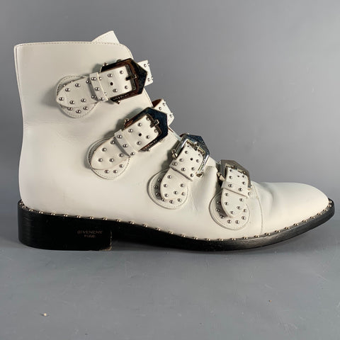 GIVENCHY Size 8 White Studded Leather Belted Boots