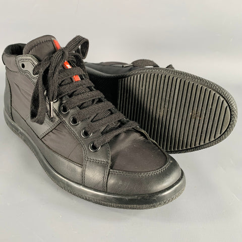 PRADA Size 7 Black Mixed Fabrics Nylon Leather Lace-Up Sneakers